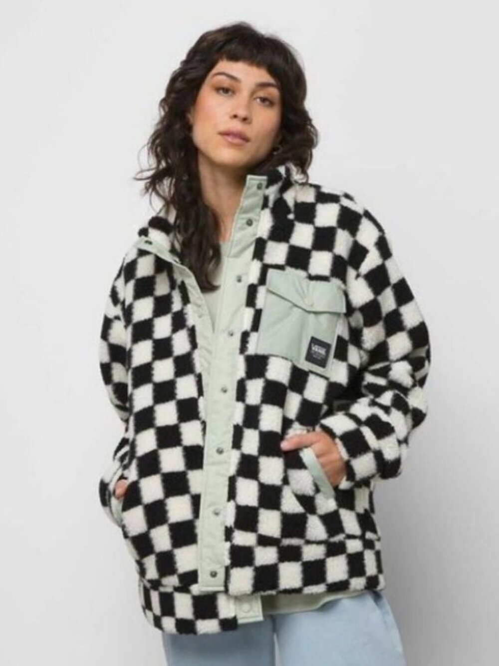 Vans Checkerboard Sherpa Jacket Large Women's Embers Teddy Green Accents